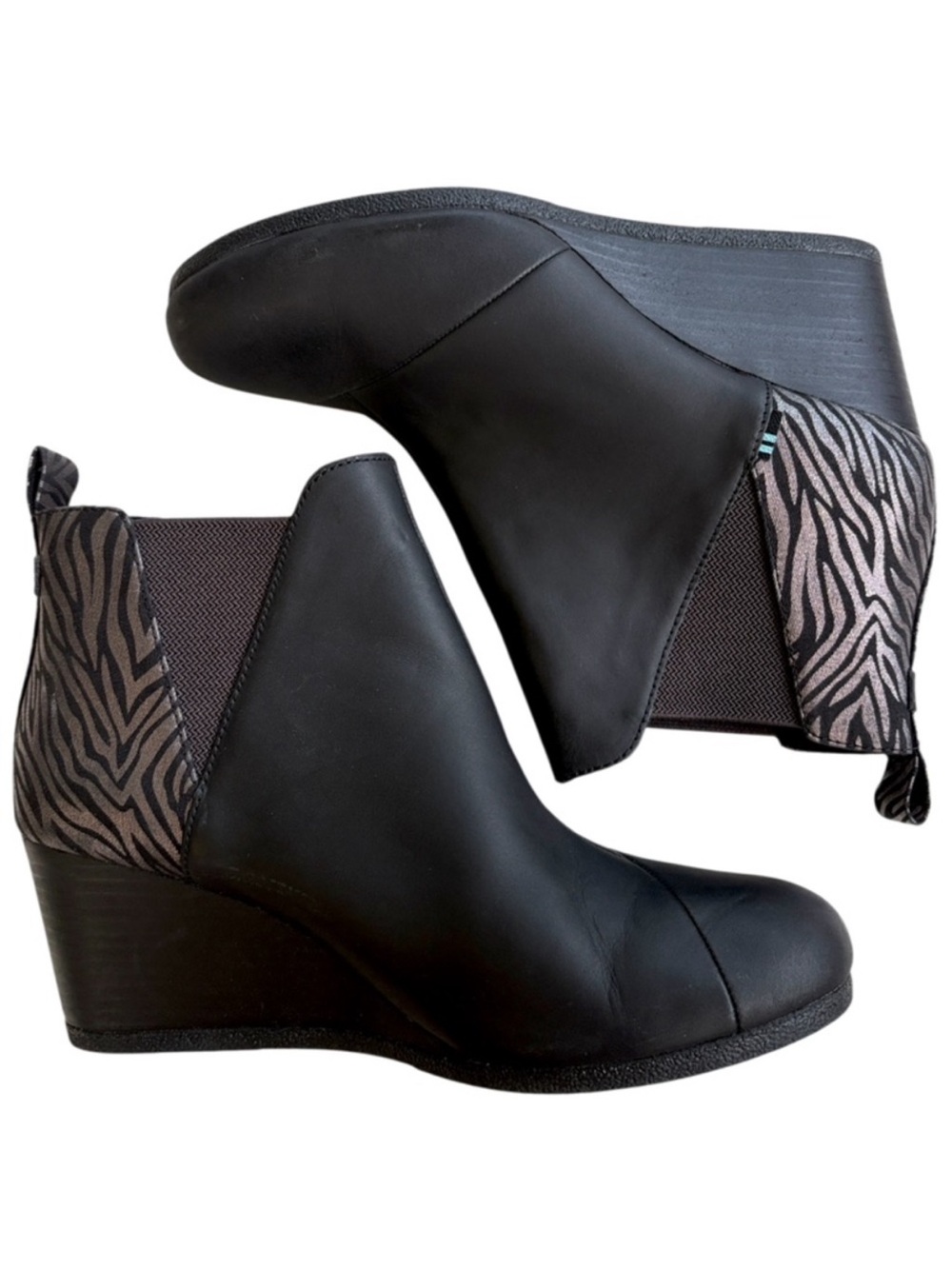 EUC Toms Leather Kelsey Zebra Wedge Boots Black Silver Size 9.5